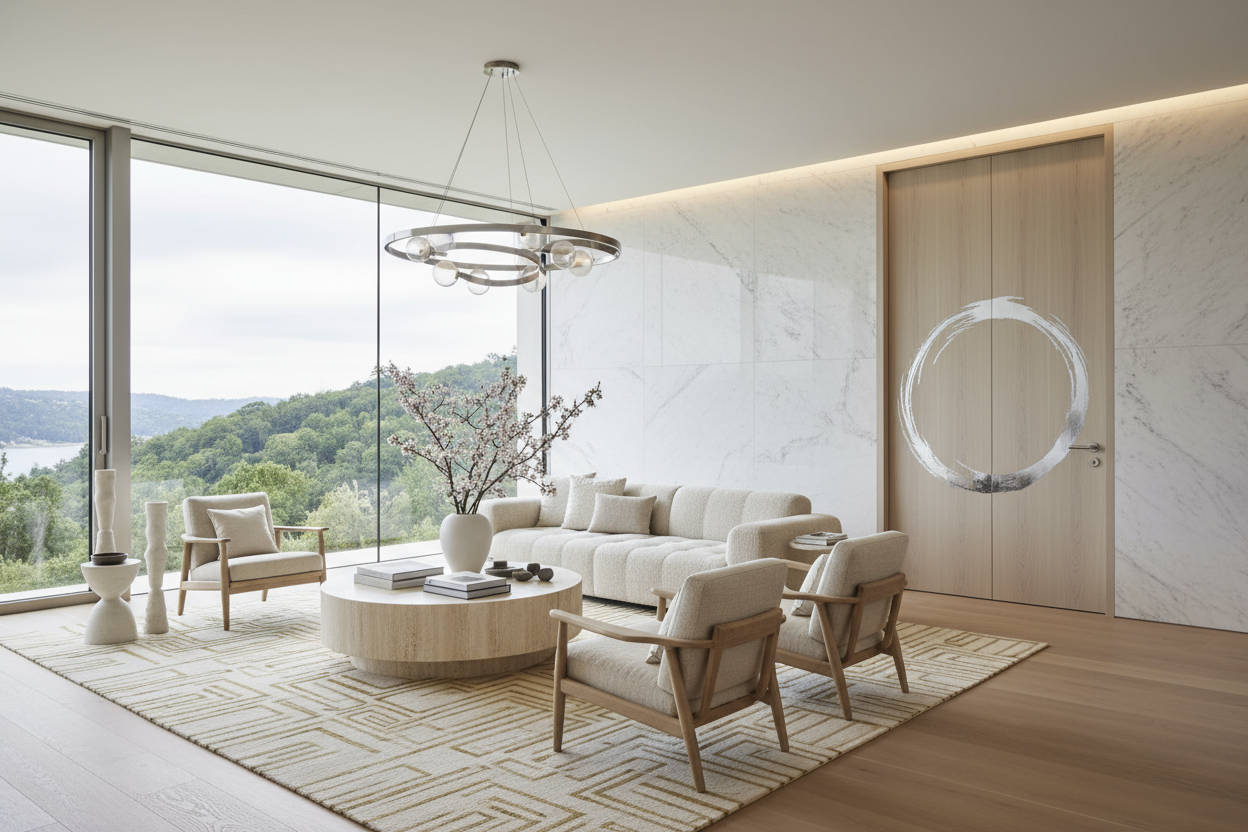 stanza chiara, elementi d'arredo chiari eleganti e luxury. 
Elementi in vari materiali, a sinistra si intravede una finestra con sfondo naturale, a destra una porta sempre chiara con sopra un enso zen disegnato con un inchiostro lucido argento. 