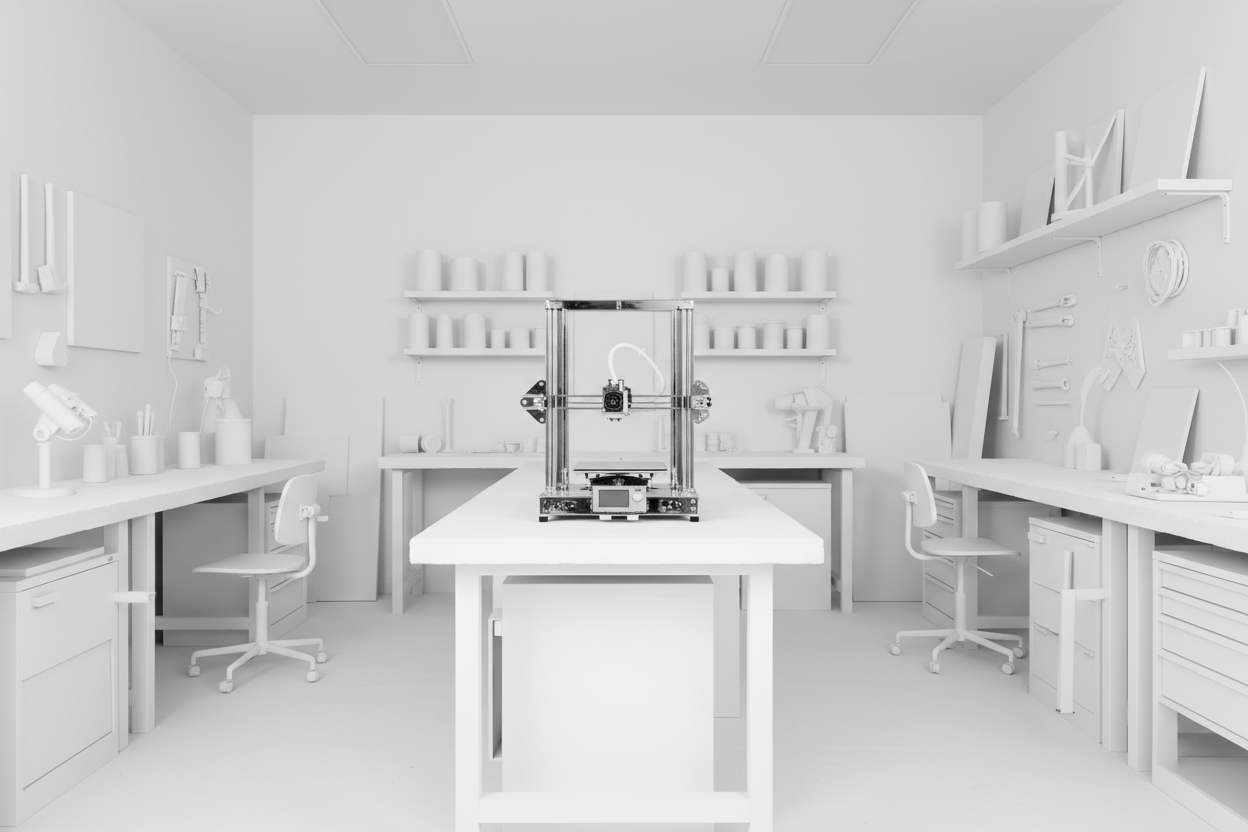 un laboratorio pieno di oggetti di arredo e utili alla produzione di oggett artistici. Camera completamente chiara, senza neanche un colore, come se tutti gli oggetti fossero stati verniciati di bianco. Solo Una stampante 3D futuristica in argento lucido spicca al centro 